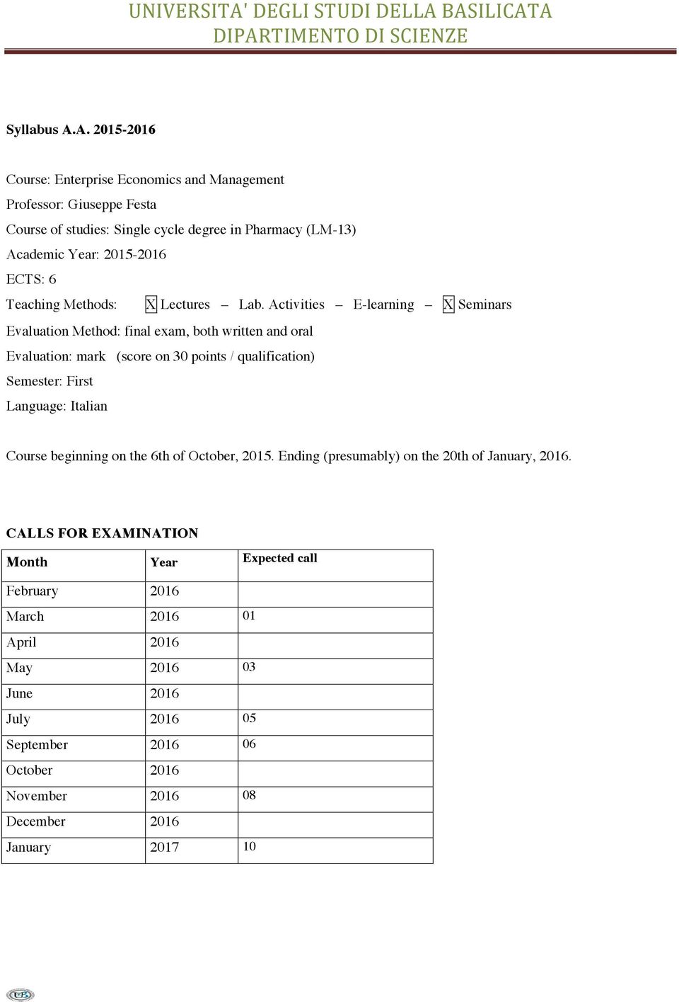 ECTS: 6 Teaching Methods: X Lectures Lab.