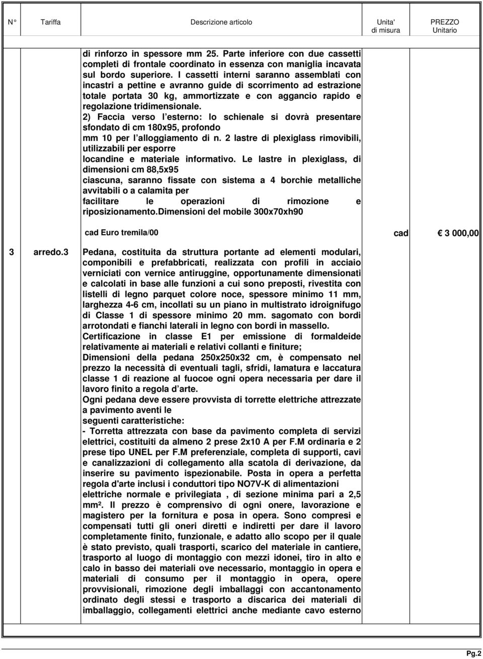 2) Faccia verso l esterno: lo schienale si dovrà presentare sfondato di cm 180x95, profondo mm 10 per l alloggiamento di n.