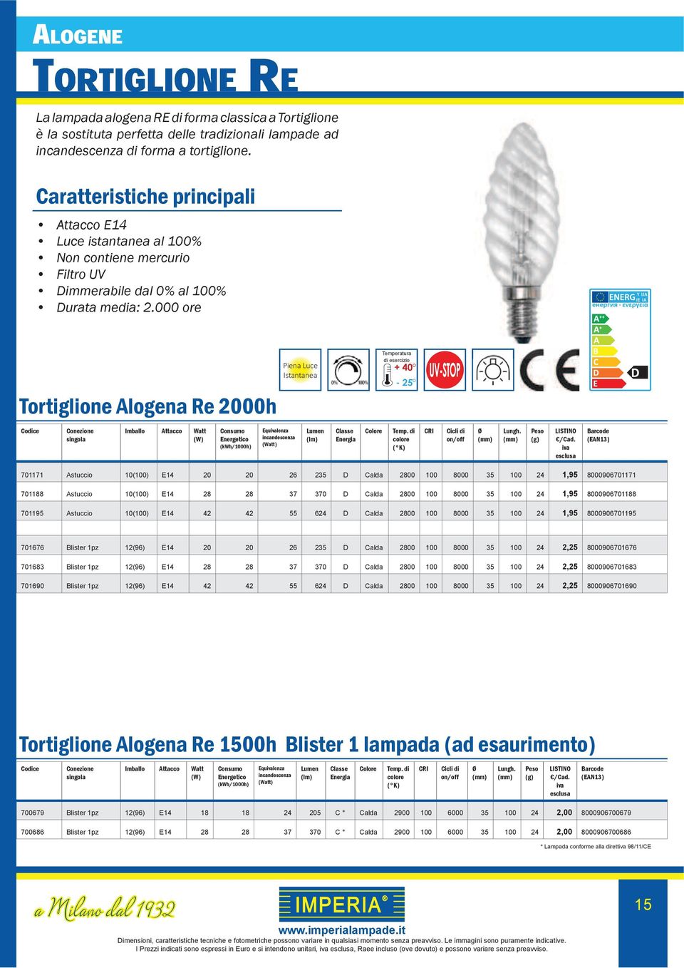 000 ore Tortiglione Alogena Re 2000h Piena Luce Istantanea - 25 Equlenza incandescenza (Watt) 701171 Astuccio 10(100) E14 20 20 26 235 D Calda 2800 100 8000 35 100 24 1,95 8000906701171 701188