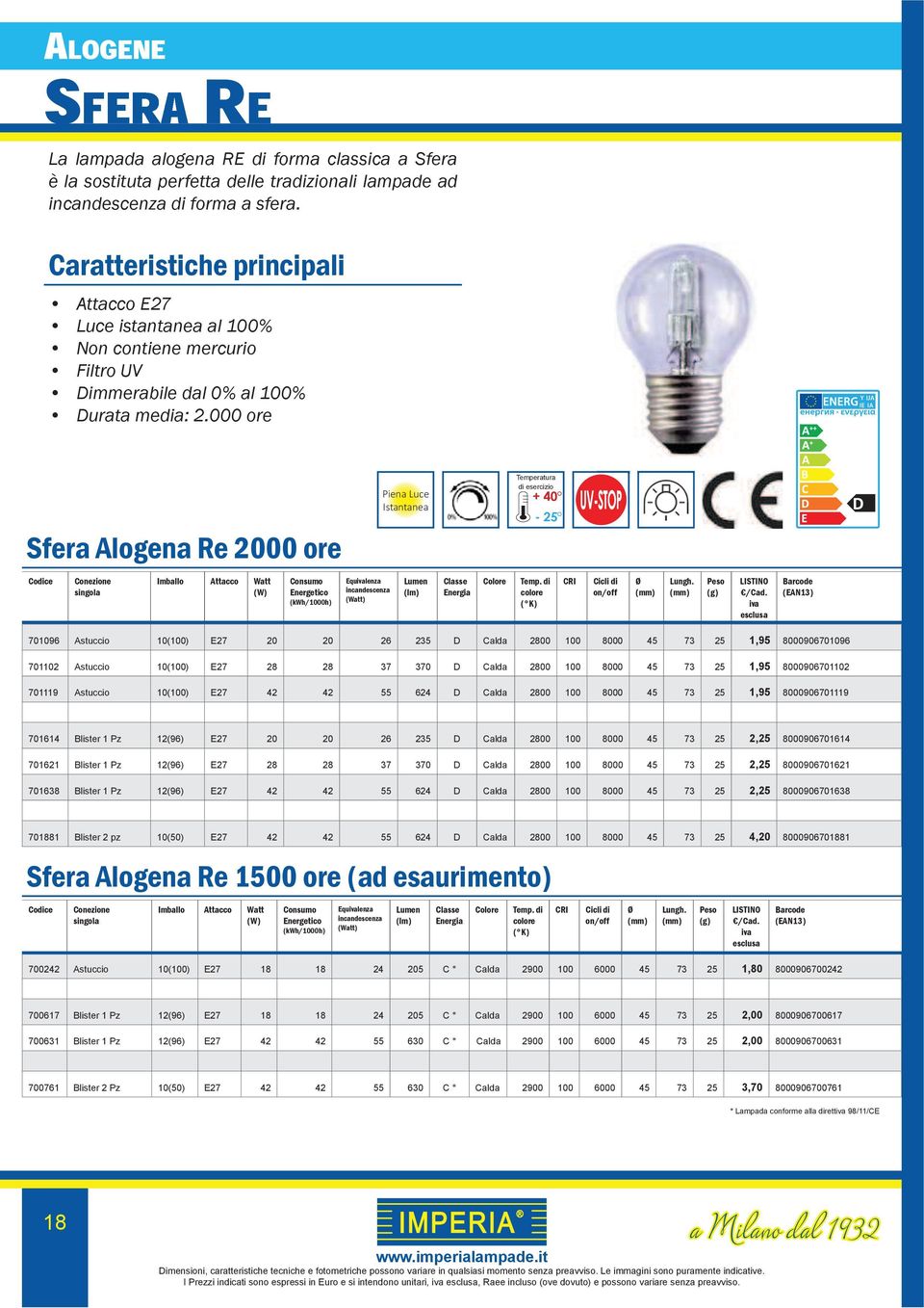 000 ore Sfera Alogena Re 2000 ore Piena Luce Istantanea - 25 Equlenza incandescenza (Watt) 701096 Astuccio 10(100) E27 20 20 26 235 D Calda 2800 100 8000 45 73 25 1,95 8000906701096 701102 Astuccio