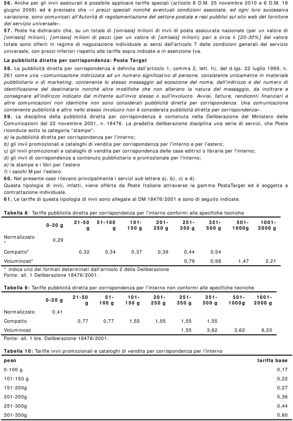 19 giugno 2009) ed è precisato che «i prezzi speciali nonché eventuali condizioni associate, ed ogni loro successiva variazione, sono comunicati all Autorità di regolamentazione del settore postale e