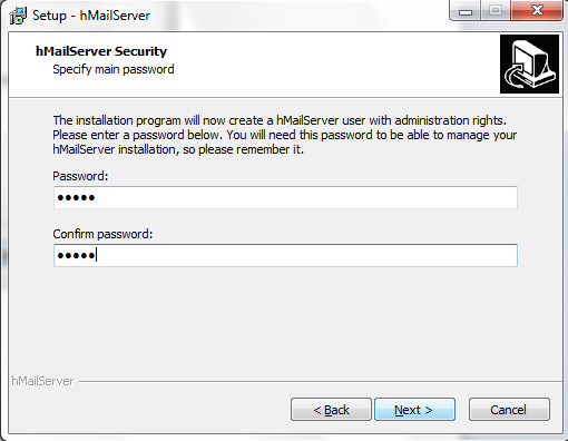 ATTENZIONE! ANNOTARE LA PASSWORD PER POTER ACCEDERE IN UN SECONDO TEMPO ALLA CONFIGURAZIONE DI HMAILSERVER. 4.