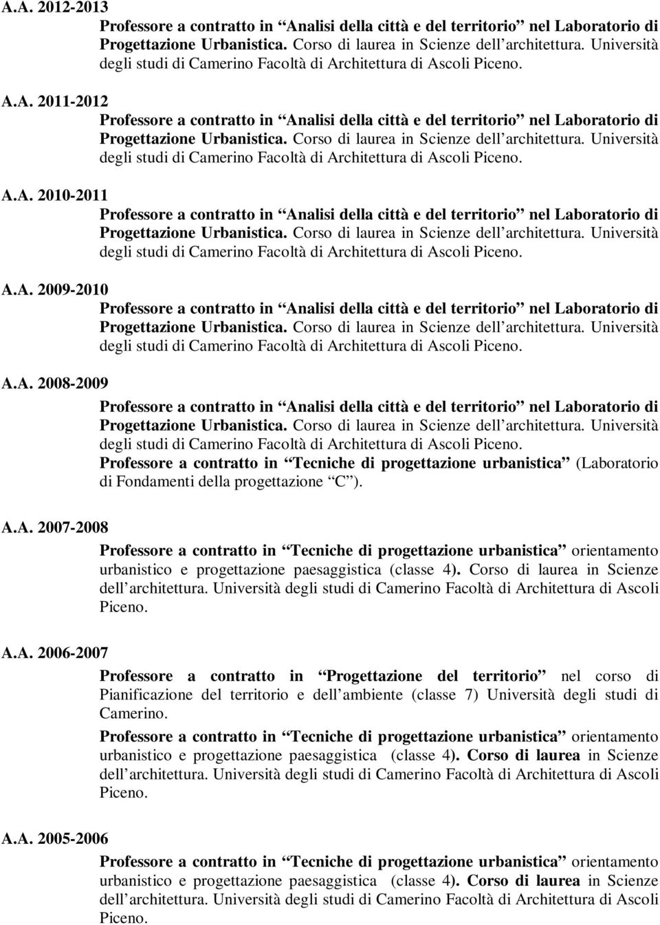 chitettura di Ascoli Piceno. A.A. 2006-2007 Professore a contratto in Progettazione del territorio nel corso di Pianificazione del territorio e dell ambiente (classe 7) Università degli studi di Camerino.