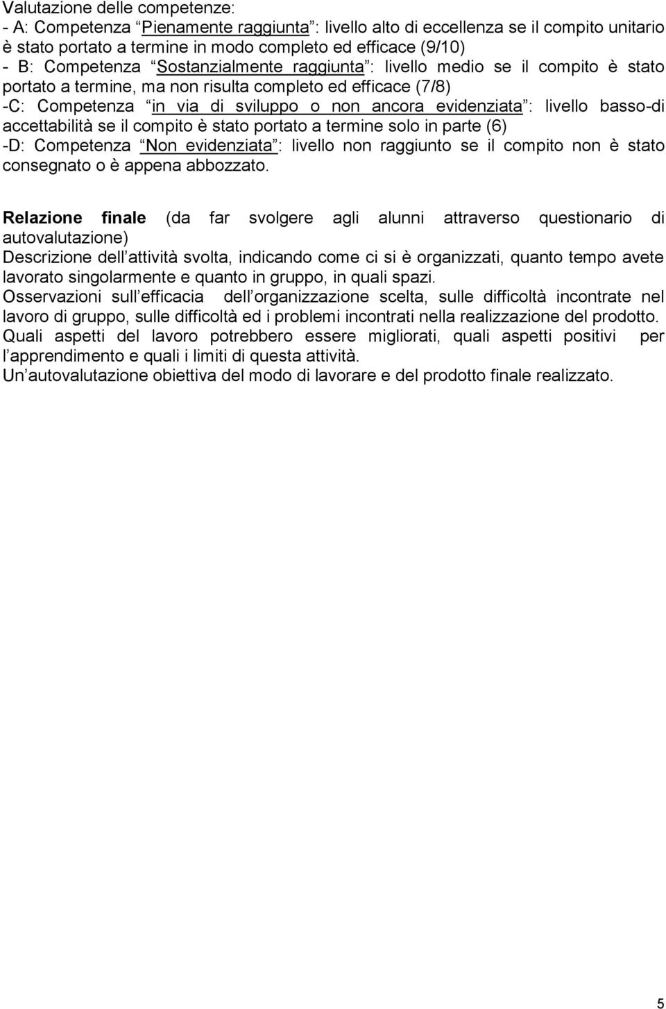 basso-di accettabilità se il compito è stato portato a termine solo in parte (6) -D: Competenza Non evidenziata : livello non raggiunto se il compito non è stato consegnato o è appena abbozzato.