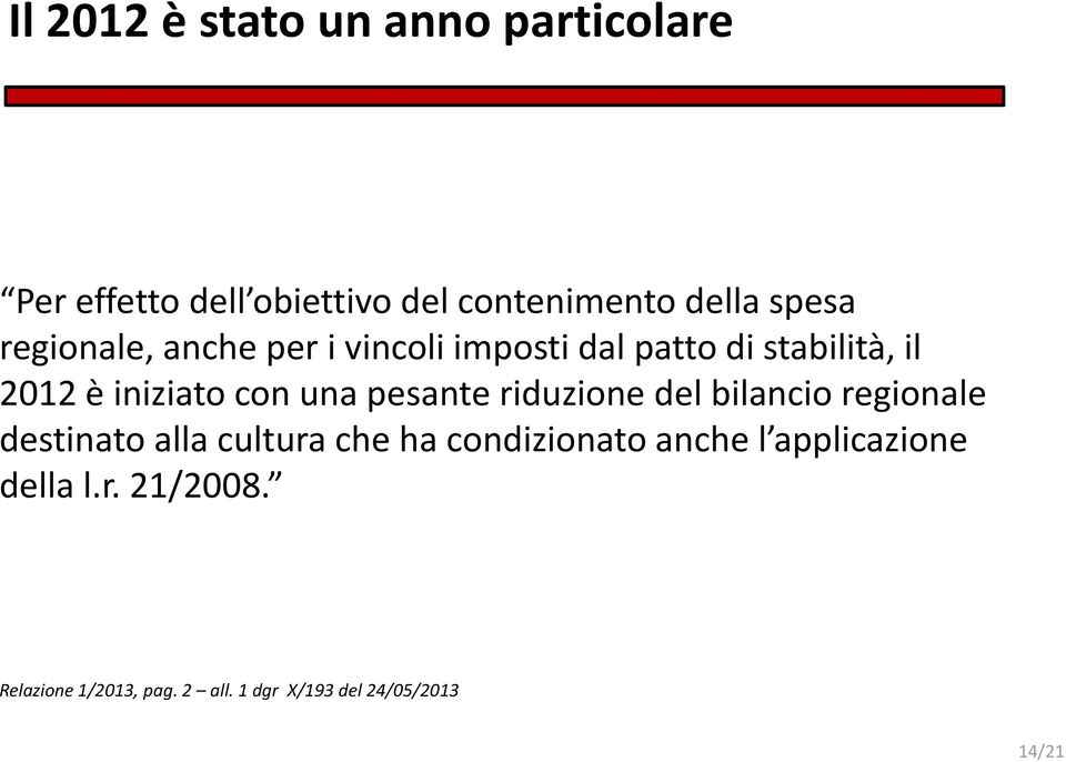 pesante riduzione del bilancio regionale destinato alla cultura che ha condizionato anche l