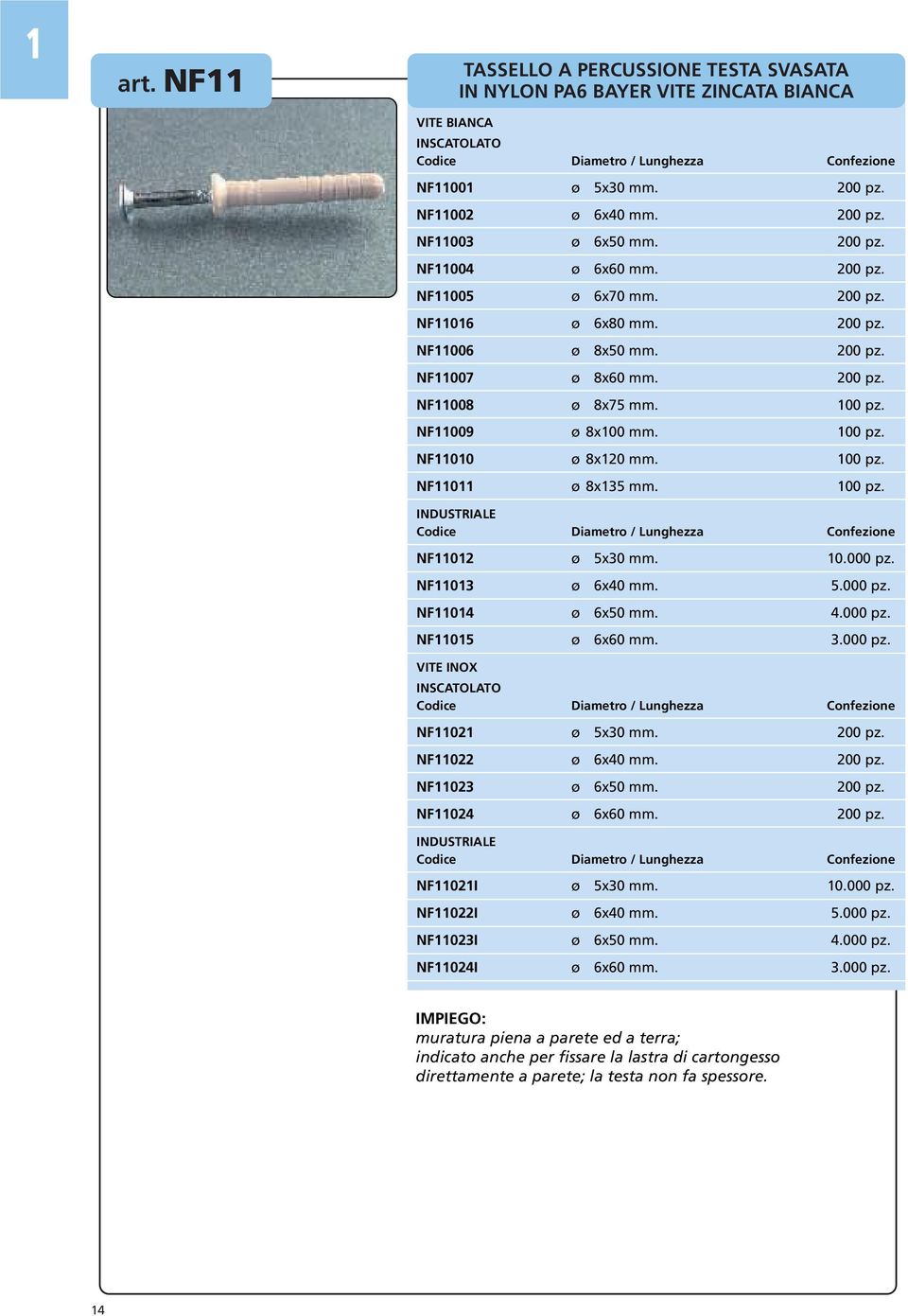 100 pz. INDUSTRIALE NF11012 ø 5x30 mm. 10.000 pz. NF11013 ø 6x40 mm. 5.000 pz. NF11014 ø 6x50 mm. 4.000 pz. NF11015 ø 6x60 mm. 3.000 pz. VITE INOX INSCATOLATO NF11021 ø 5x30 mm. 200 pz.