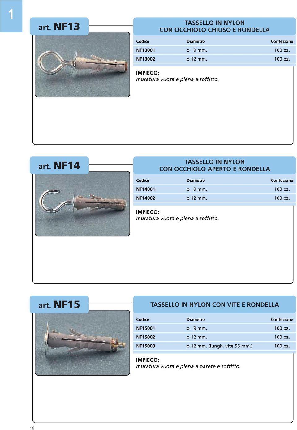 NF14 TASSELLO IN NYLON CON OCCHIOLO APERTO E RONDELLA Codice Diametro Confezione NF14001 ø 9 mm. 100 pz. NF14002 ø 12 mm. 100 pz. muratura vuota e piena a soffitto.