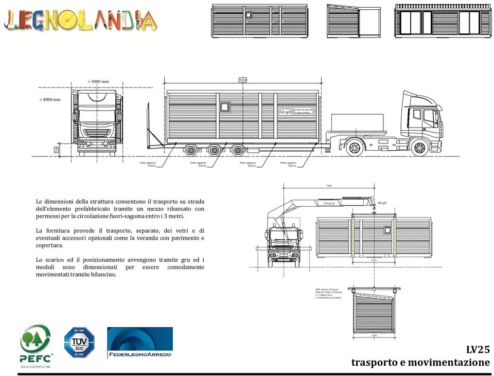 dell elemento prefabbricato tramite un mezzo ribassato con permessi per la circolazione fuori-sagoma entro i 3 metri.