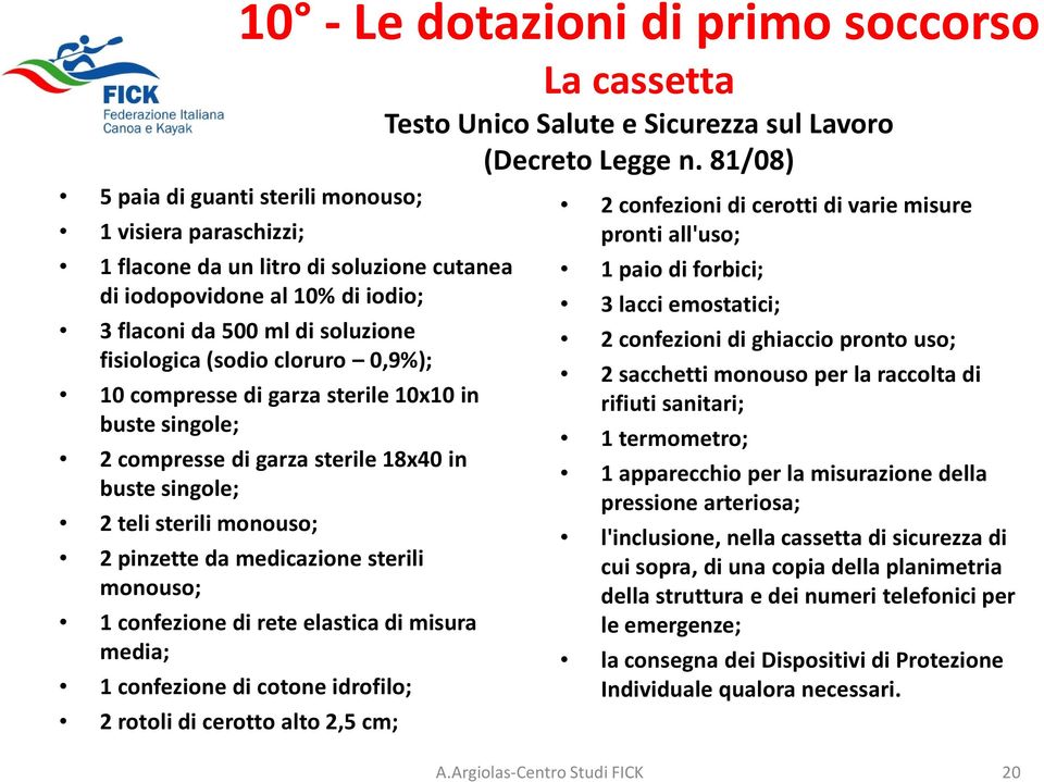 0,9%); 10 compresse di garza sterile 10x10 in buste singole; 2 compresse di garza sterile 18x40 in buste singole; 2 teli sterili monouso; 2 pinzette da medicazione sterili monouso; 1 confezione di