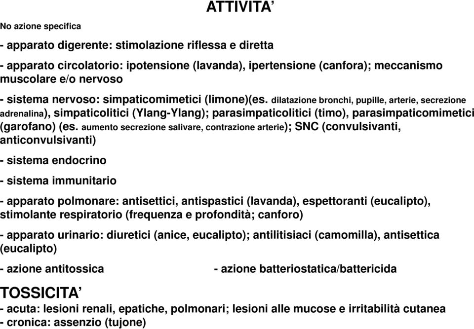 aumento secrezione salivare, contrazione arterie); SNC (convulsivanti, anticonvulsivanti) - sistema endocrino - sistema immunitario - apparato polmonare: antisettici, antispastici (lavanda),