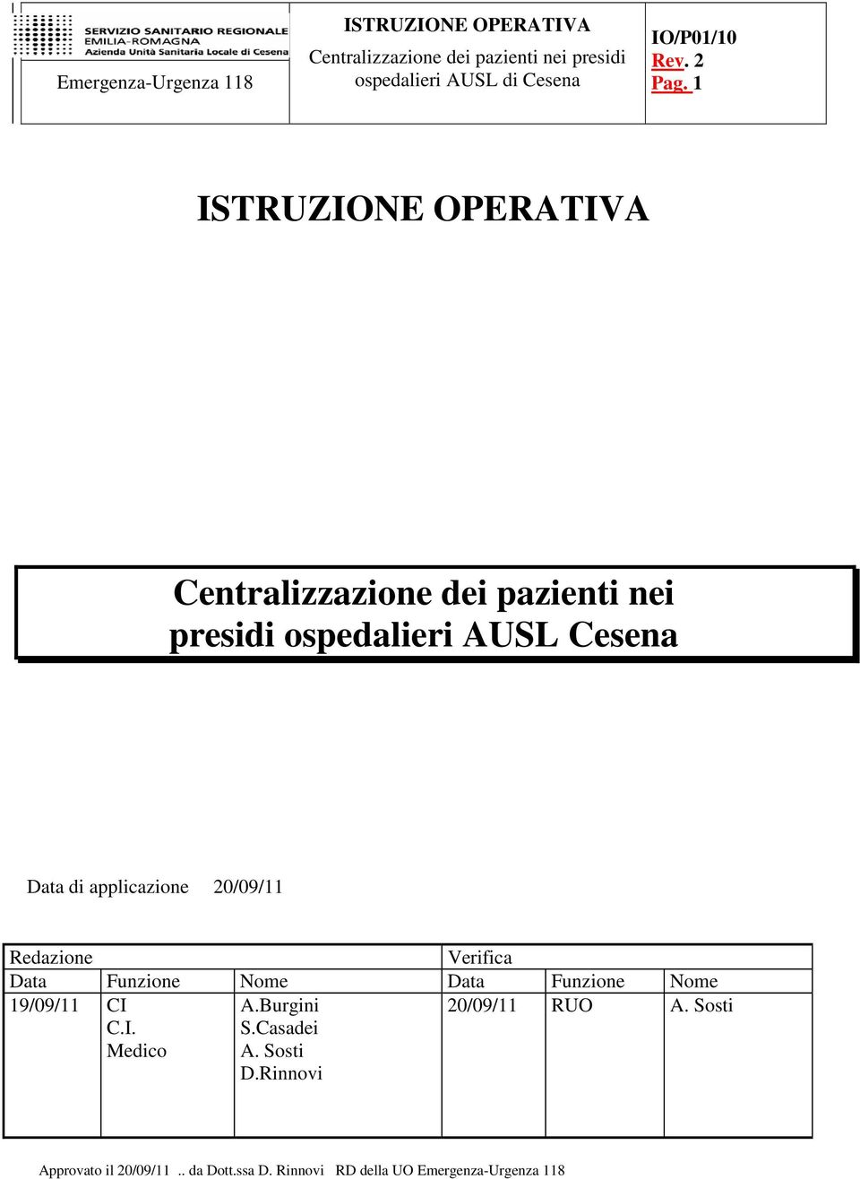 19/09/11 CI C.I. Medico A.Burgini S.Casadei A. Sosti D.Rinnovi 20/09/11 RUO A.
