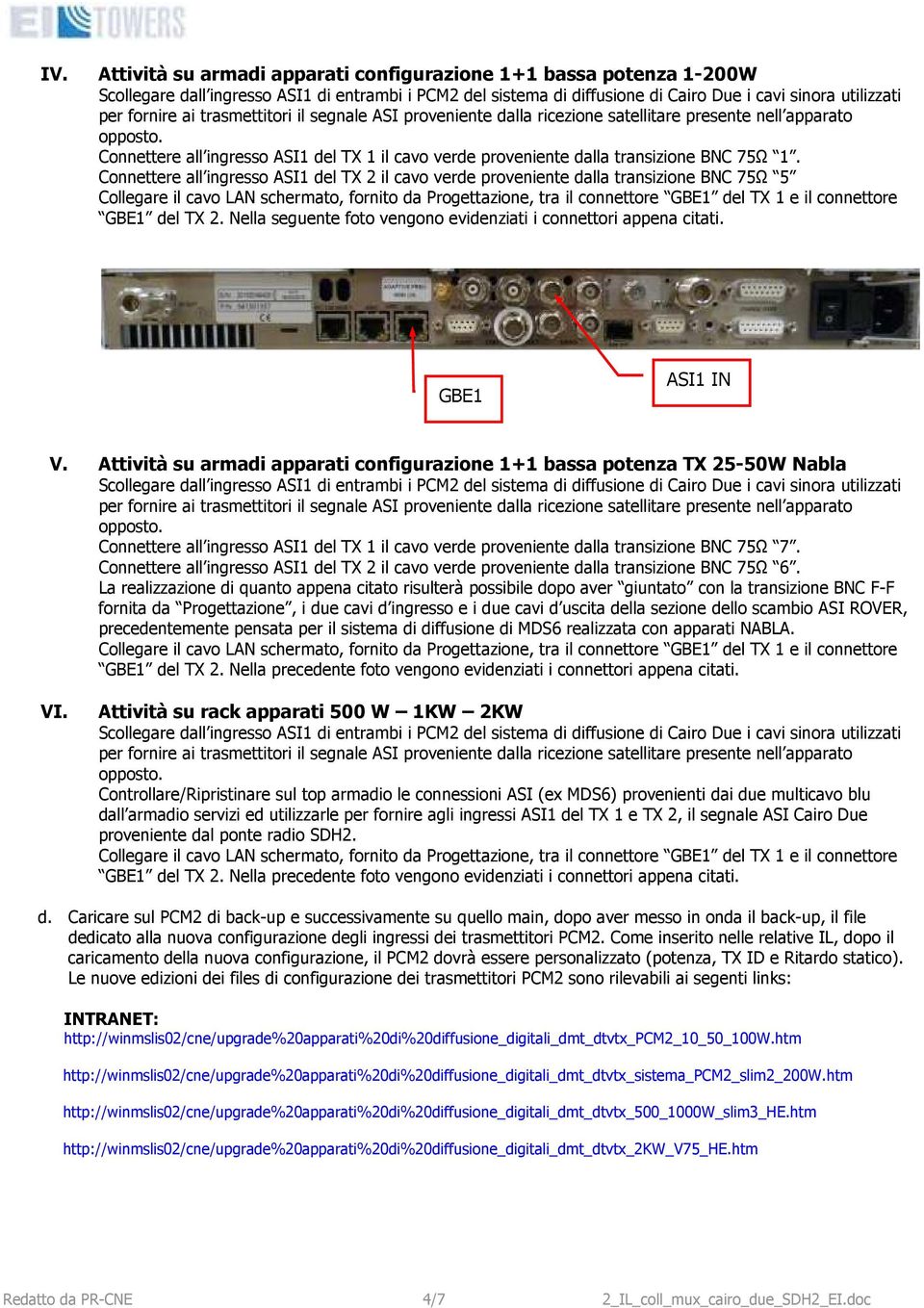 Connettere all ingresso ASI1 del TX 2 il cavo verde proveniente dalla transizione BNC 75Ω 5 Collegare il cavo LAN schermato, fornito da Progettazione, tra il connettore GBE1 del TX 1 e il connettore