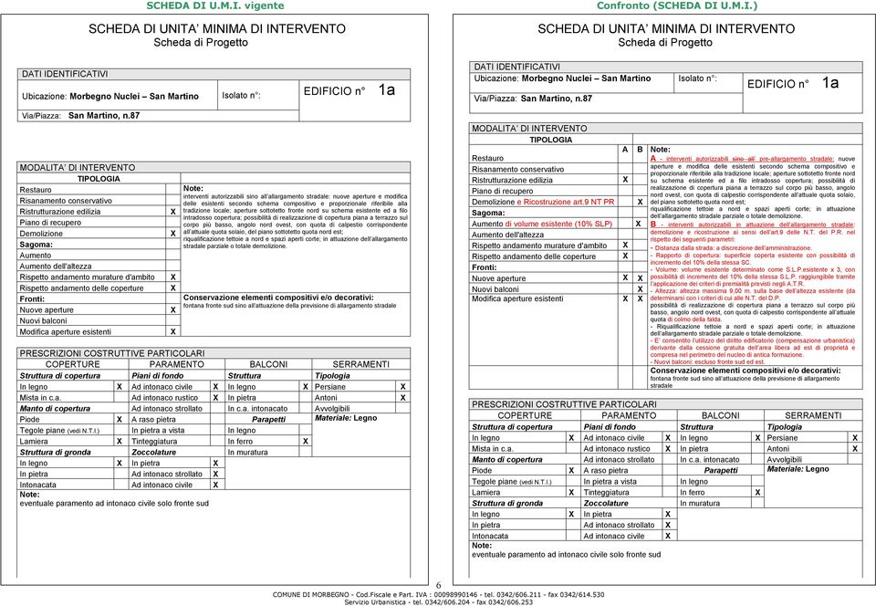 vigente Confronto () UNITA MINIMA DI INTERVENTO Scheda di Progetto UNITA MINIMA DI INTERVENTO Scheda di Progetto DATI IDENTIFICATIVI Ubicazione: Morbegno Nuclei San Martino Isolato n : EDIFICIO n 1a