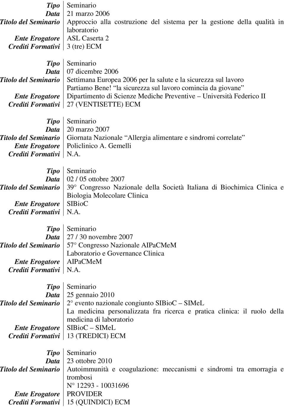 la sicurezza sul lavoro comincia da giovane Ente Erogatore Dipartimento di Scienze Mediche Preventive Università Federico II Crediti Formativi 27 (VENTISETTE) ECM Data 20 marzo 2007 Titolo del