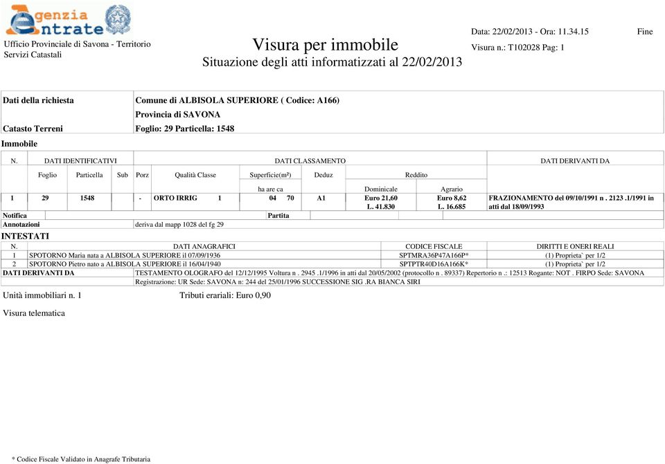 1/1991 in atti dal 18/09/1993 INTESTATI 1 SPOTORNO Maria nata a ALBISOLA SUPERIORE il 07/09/1936 SPTMRA36P47A166P* (1) Proprieta` per 1/2 2 SPOTORNO Pietro nato a ALBISOLA SUPERIORE il