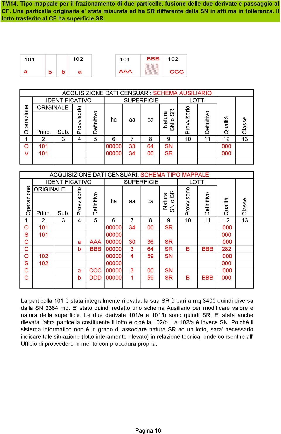 101 102 101 BBB 102 a b b a AAA CCC ACQUISIZIONE DATI CENSUARI: SCHEMA AUSILIARIO O 101 00000 33 64 SN 000 V 101 00000 34 00 SR 000 SUPERFICIE LOTTI O 101 00000 34 00 SR 000 S 101 00000 000 C a AAA