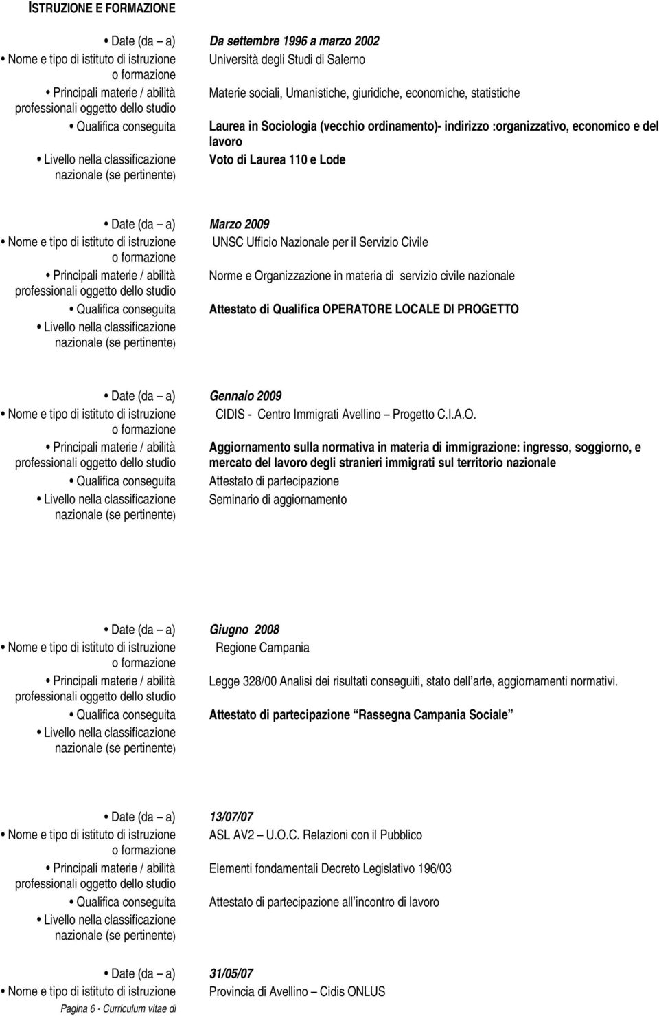 tipo di istituto di istruzione UNSC Ufficio Nazionale per il Servizio Civile Principali materie / abilità Norme e Organizzazione in materia di servizio civile nazionale Qualifica conseguita Attestato