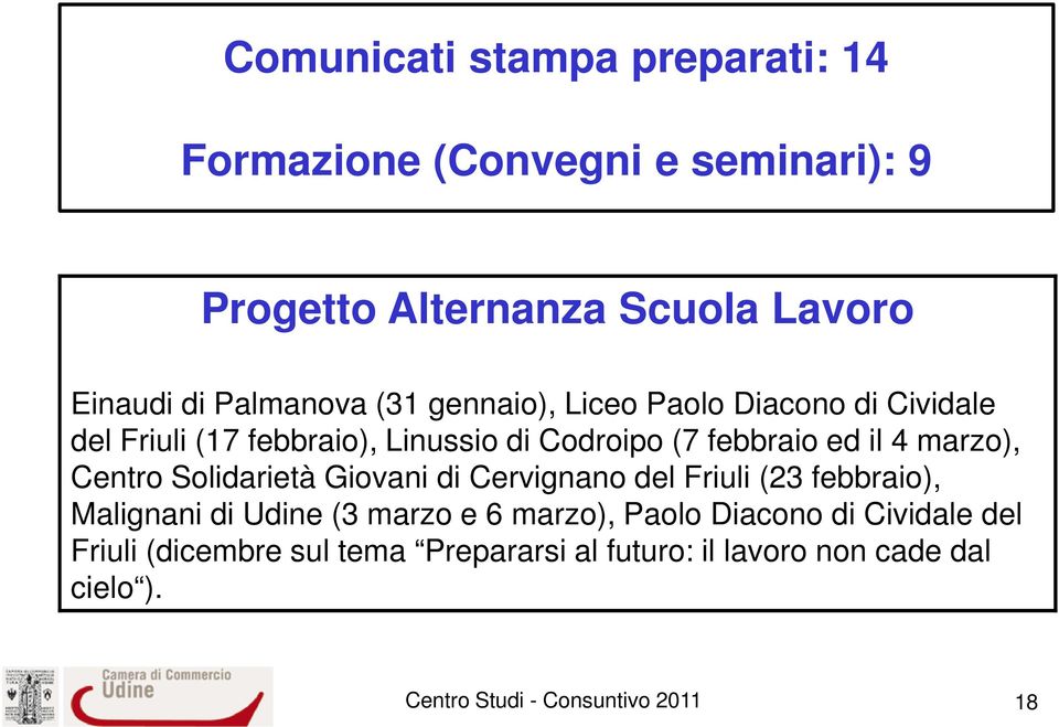 ed il 4 marzo), Centro Solidarietà Giovani di Cervignano del Friuli (23 febbraio), Malignani di Udine (3 marzo e 6