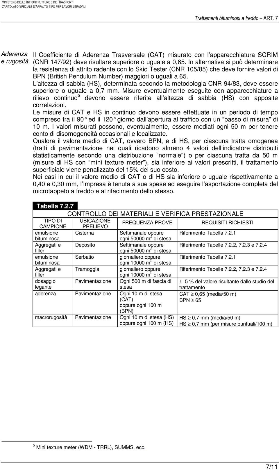 L altezza di sabbia (HS), determinata secondo la metodologia CNR 94/83, deve essere superiore o uguale a 0,7 mm.