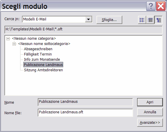 3 Aprire il modello tramite il comando "Scegli modulo " 1. Scegli nella barra del menú di Outlook File / Nuovo / Scegli modulo () 2.