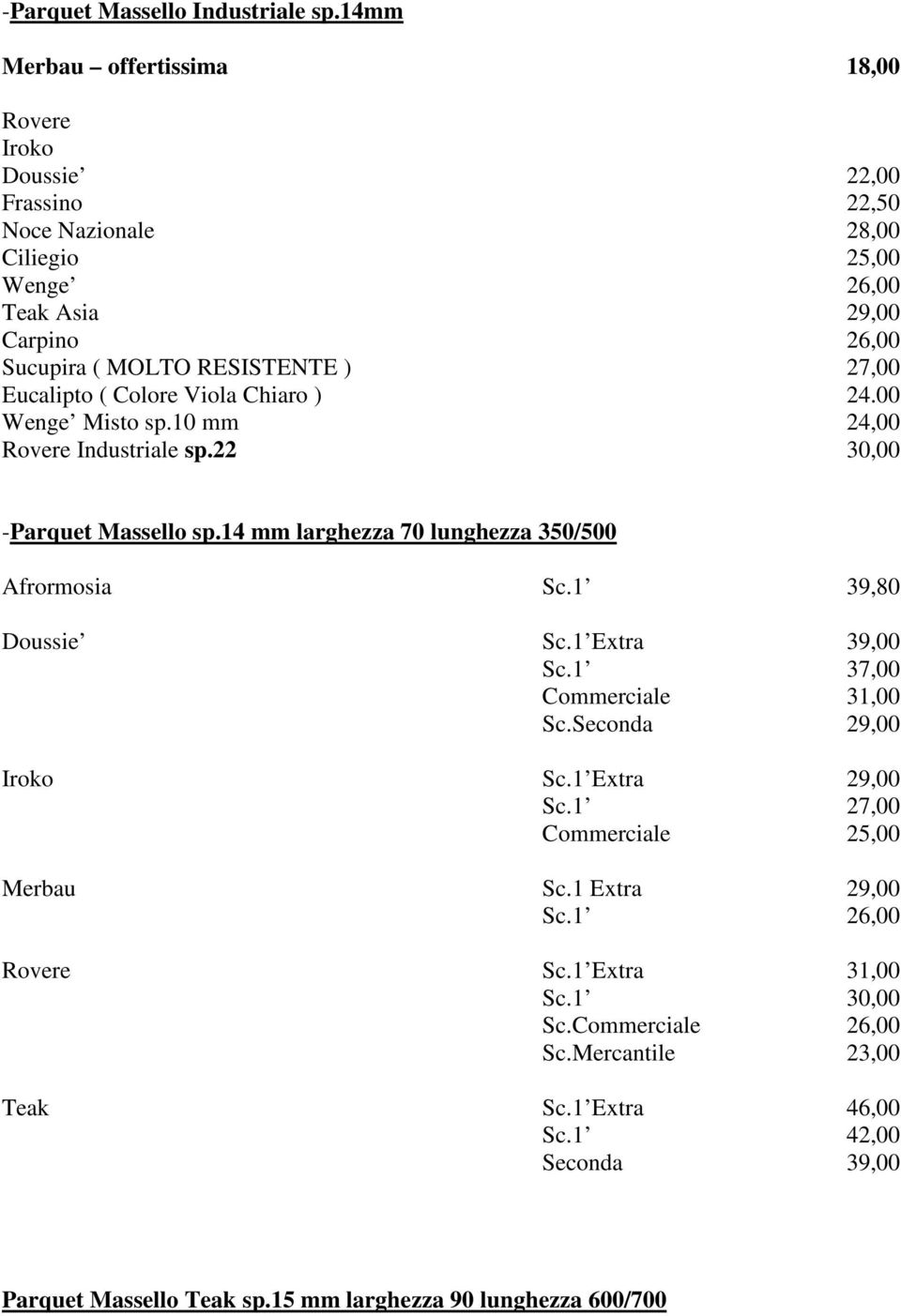 27,00 Eucalipto ( Colore Viola Chiaro ) 24.00 Wenge Misto sp.10 mm 24,00 Rovere Industriale sp.22 30,00 -Parquet Massello sp.14 mm larghezza 70 lunghezza 350/500 Afrormosia Sc.