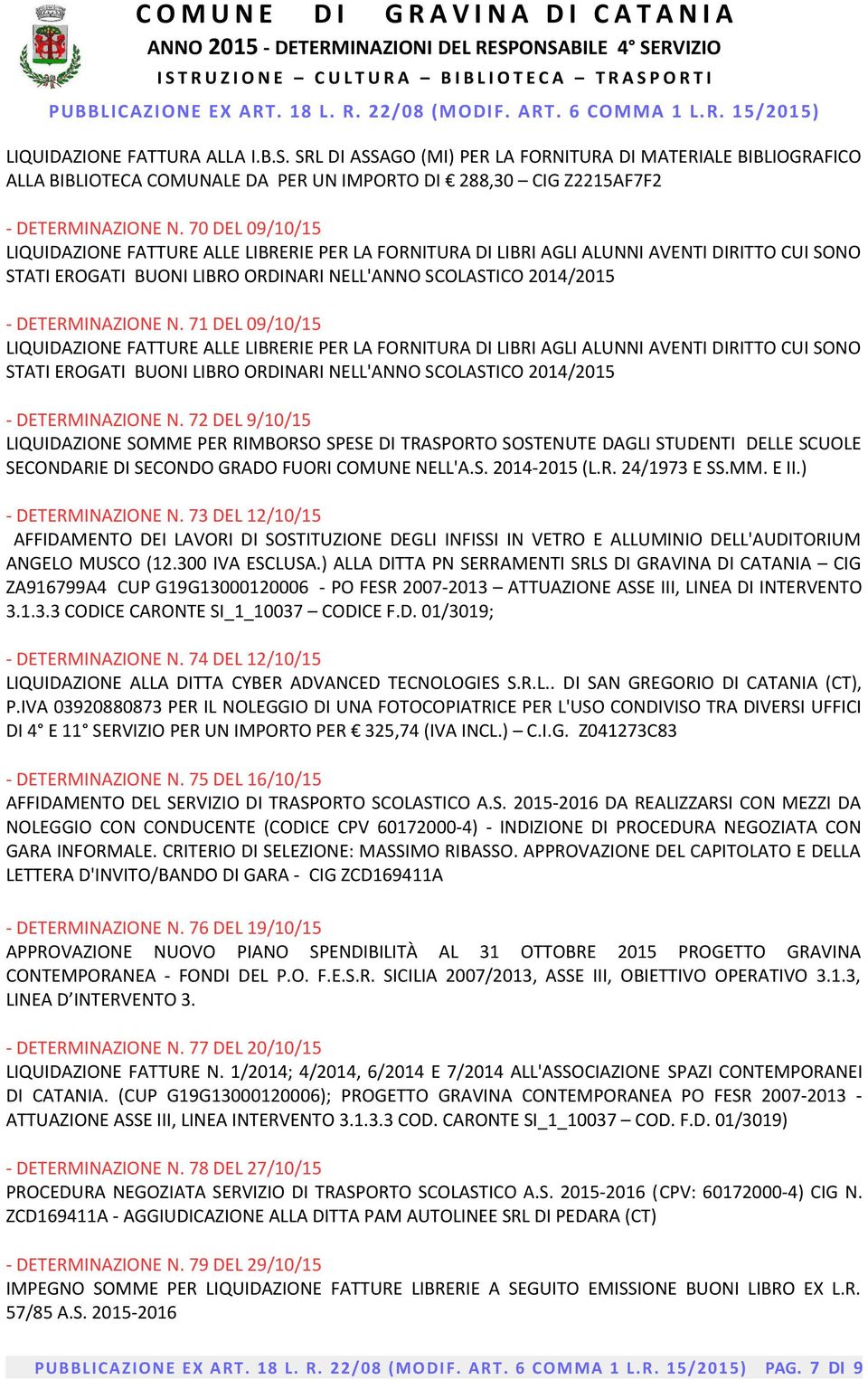 71 DEL 09/10/15 STATI EROGATI BUONI LIBRO ORDINARI NELL'ANNO SCOLASTICO 2014/2015 - DETERMINAZIONE N.