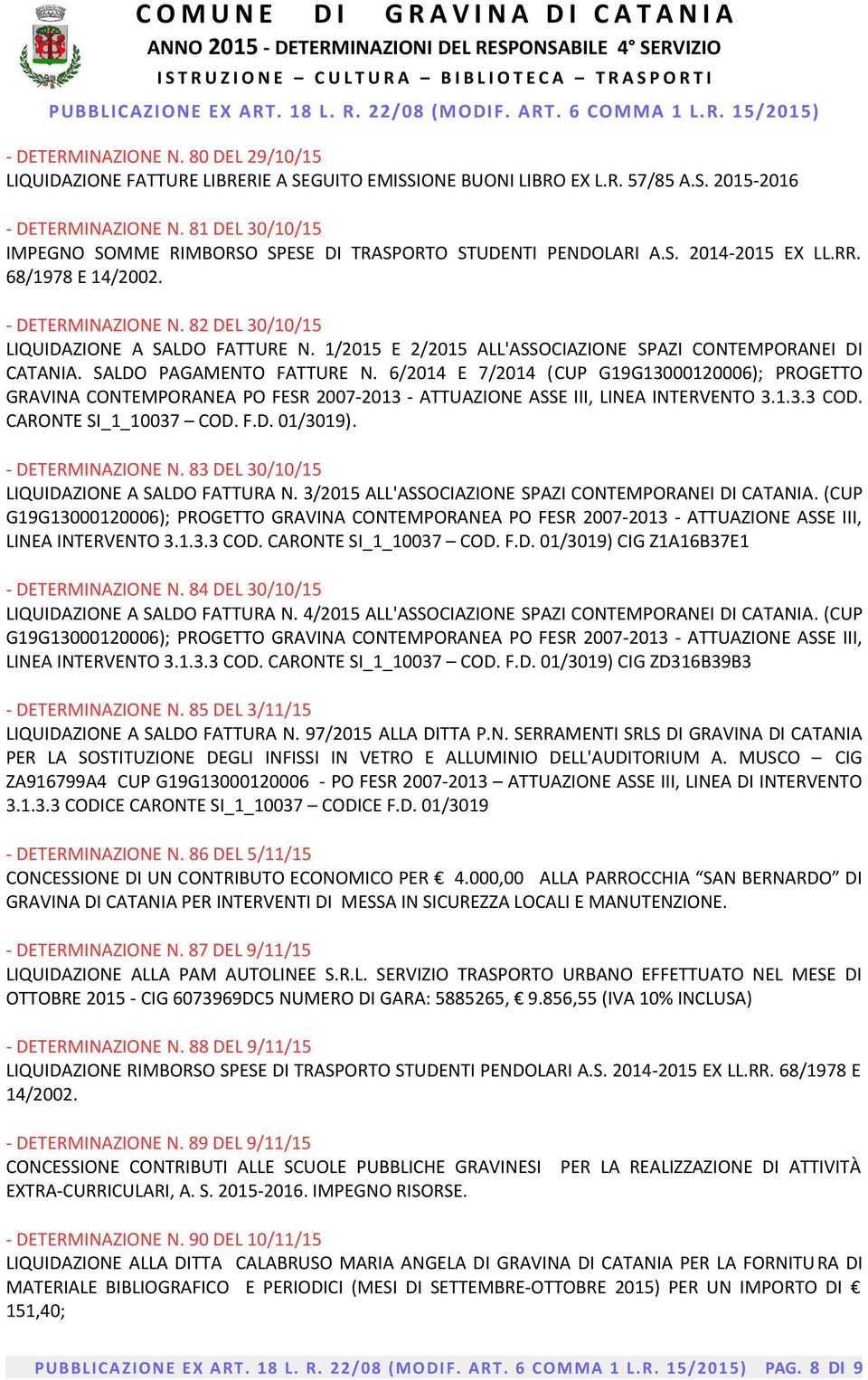 1/2015 E 2/2015 ALL'ASSOCIAZIONE SPAZI CONTEMPORANEI DI CATANIA. SALDO PAGAMENTO FATTURE N.