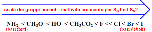 41 In generale, il composto che subisce la reazione è chiamato substrato, ed il gruppo che viene spostato (l alogenione) è chiamato gruppo uscente.