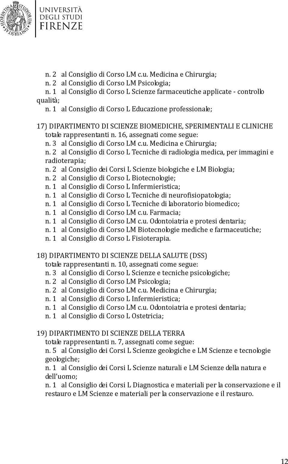 u. Medicina e Chirurgia; n. 2 al Consiglio di Corso L Tecniche di radiologia medica, per immagini e radioterapia; n. 2 al Consiglio dei Corsi L Scienze biologiche e LM Biologia; n.