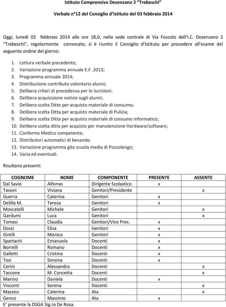 Delibera acquisizione notizie sugli alunni; 7. Delibera scelta Ditte per acquisto materiale di consumo; 8. Delibera scelta Ditta per acquisto materiale di Pulizia; 9.