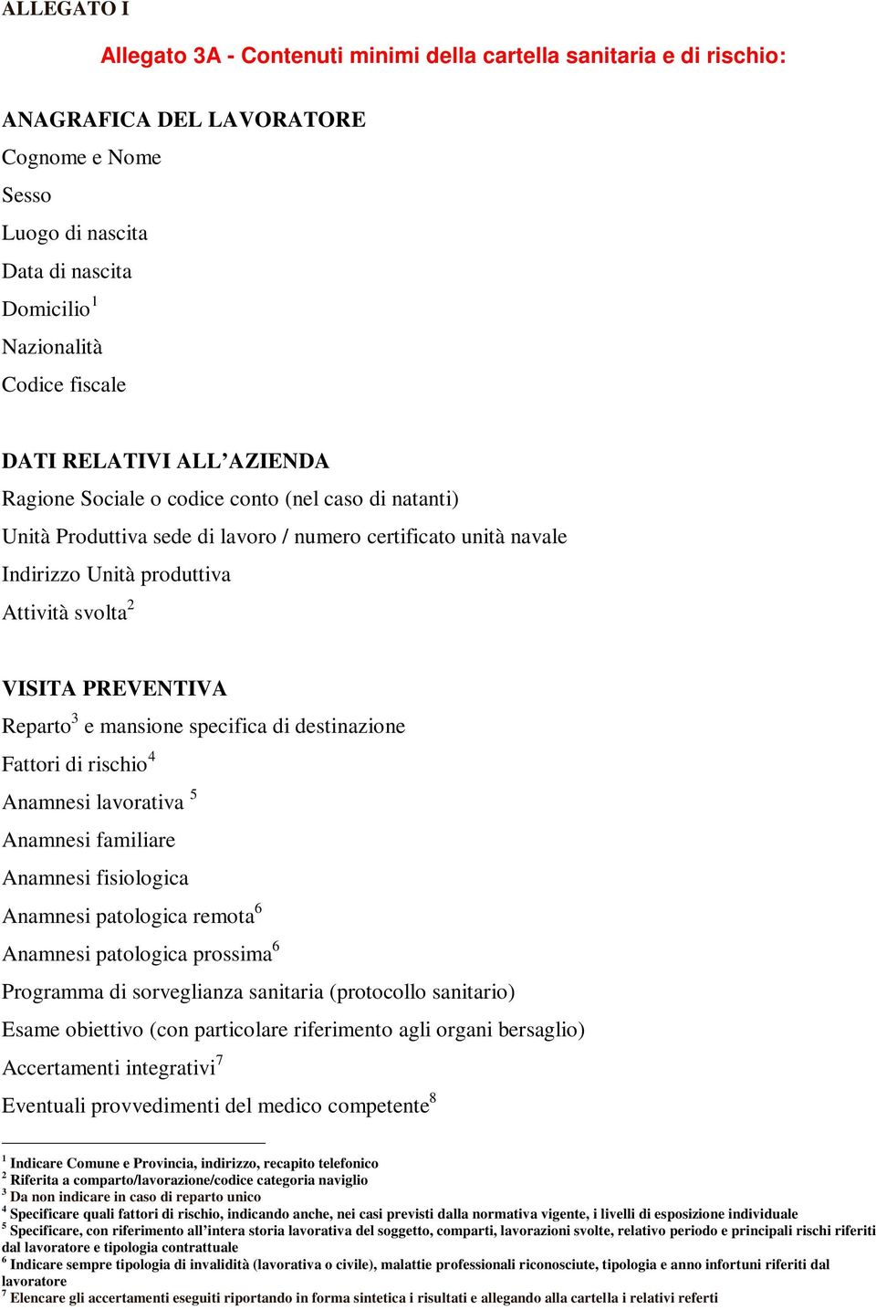 PREVENTIVA Reparto 3 e mansione specifica di destinazione Fattori di rischio 4 Anamnesi lavorativa 5 Anamnesi familiare Anamnesi fisiologica Anamnesi patologica remota 6 Anamnesi patologica prossima