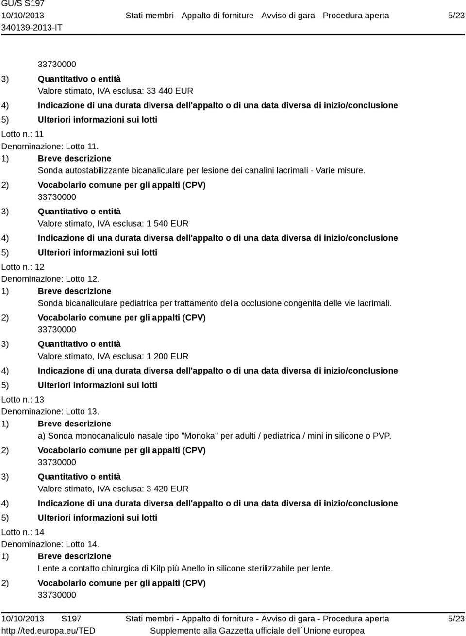 Sonda bicanaliculare pediatrica per trattamento della occlusione congenita delle vie lacrimali. Valore stimato, IVA esclusa: 1 200 EUR Lotto n.