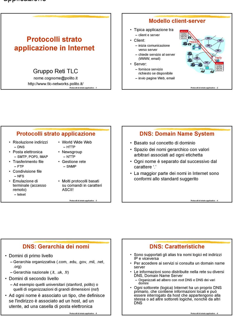 it/ Protocolli di strato applicativo - 1 Tipica applicazione tra client e server Client: inizia comunicazione verso server chiede servizio al server (WWW, email) Server: fornisce servizio richiesto