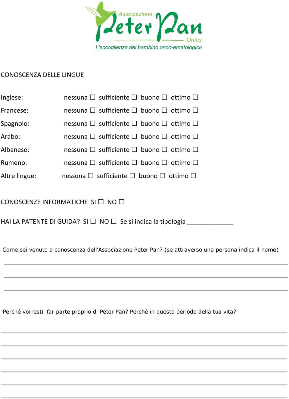 SI NO Se si indica la tipologia Come sei venuto a conoscenza dell Associazione Peter Pan?