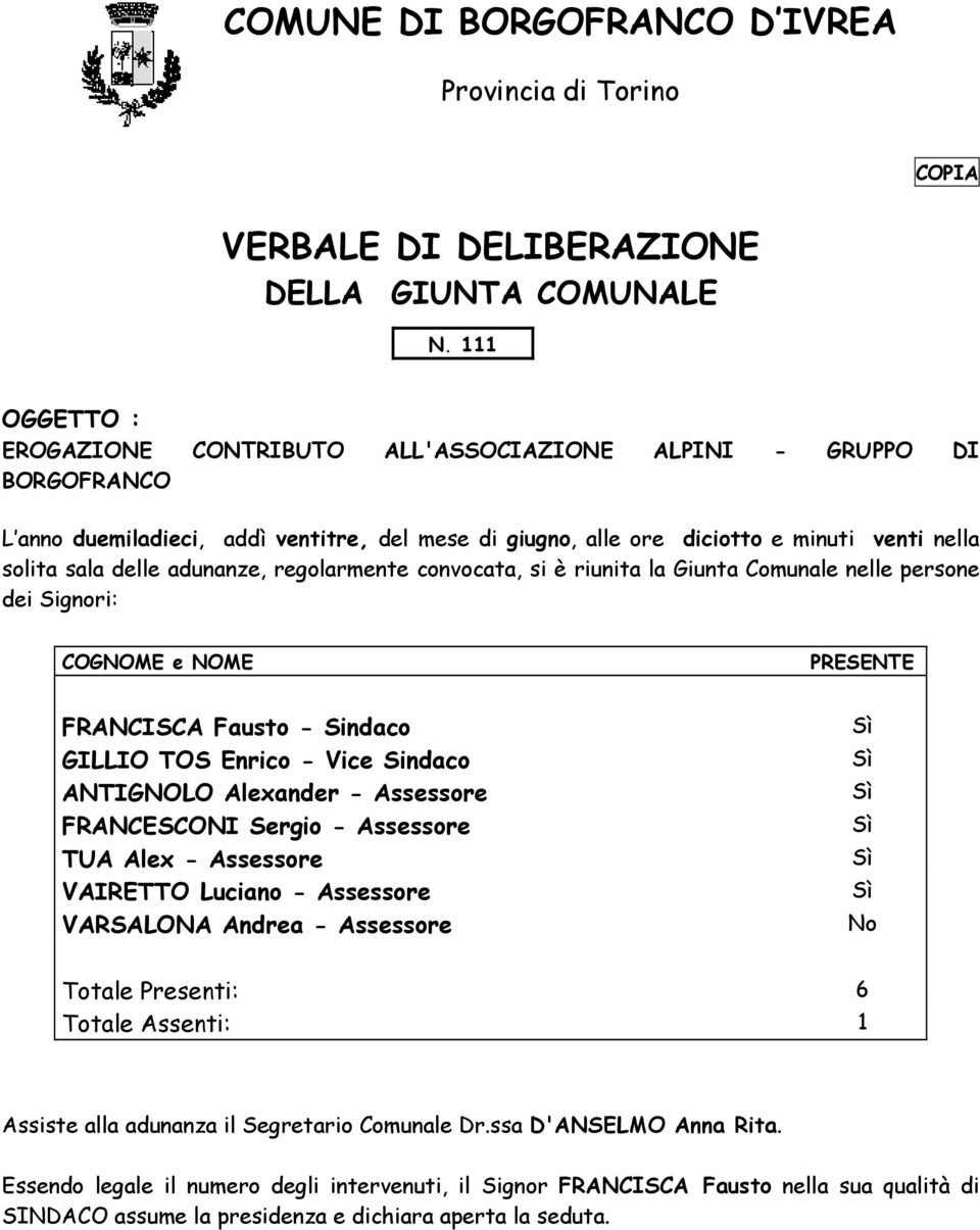 regolarmente convocata, si è riunita la Giunta Comunale nelle persone dei Signori: COGNOME e NOME PRESENTE FRANCISCA Fausto - Sindaco GILLIO TOS Enrico - Vice Sindaco ANTIGNOLO Alexander - Assessore