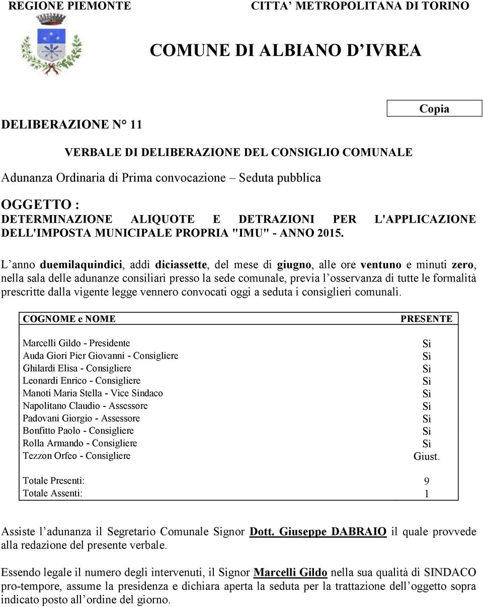 L anno duemilaquindici, addì diciassette, del mese di giugno, alle ore ventuno e minuti zero, nella sala delle adunanze consiliari presso la sede comunale, previa l osservanza di tutte le formalità