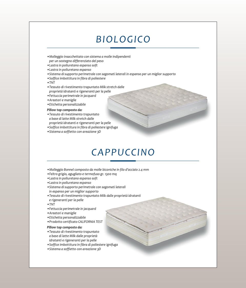 per la pelle Pillow top composto da: Tessuto di rivestimento trapuntato a base di latte Milk stretch dalle proprietà idratanti e rigeneranti per la pelle Sistema a soffietto con areazione 3D