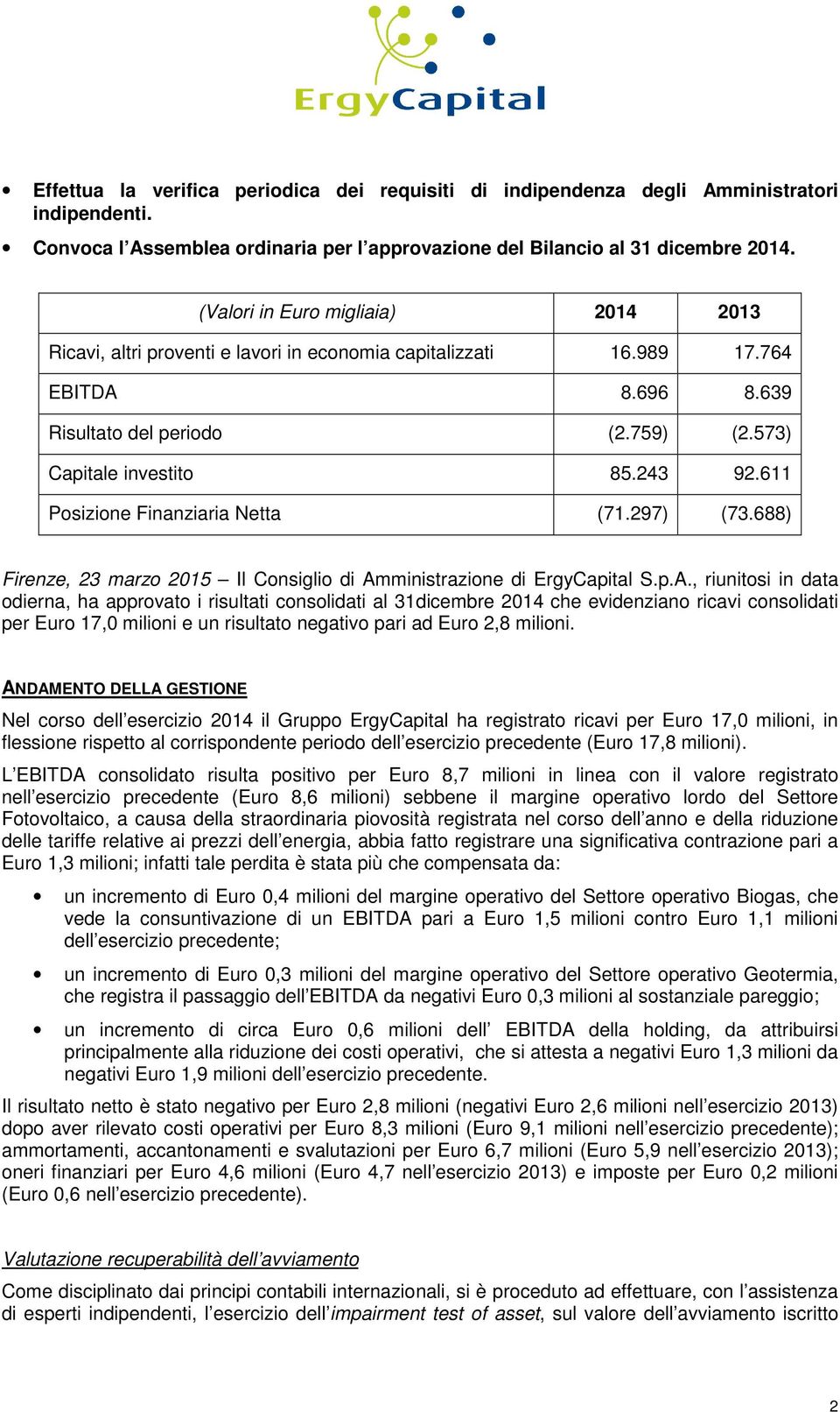 611 Posizione Finanziaria Netta (71.297) (73.688) Firenze, 23 marzo 2015 Il Consiglio di Am