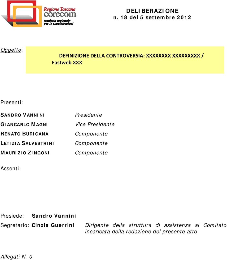 Componente Componente Componente Assenti: Presiede: Sandro Vannini Segretario: Cinzia Guerrini