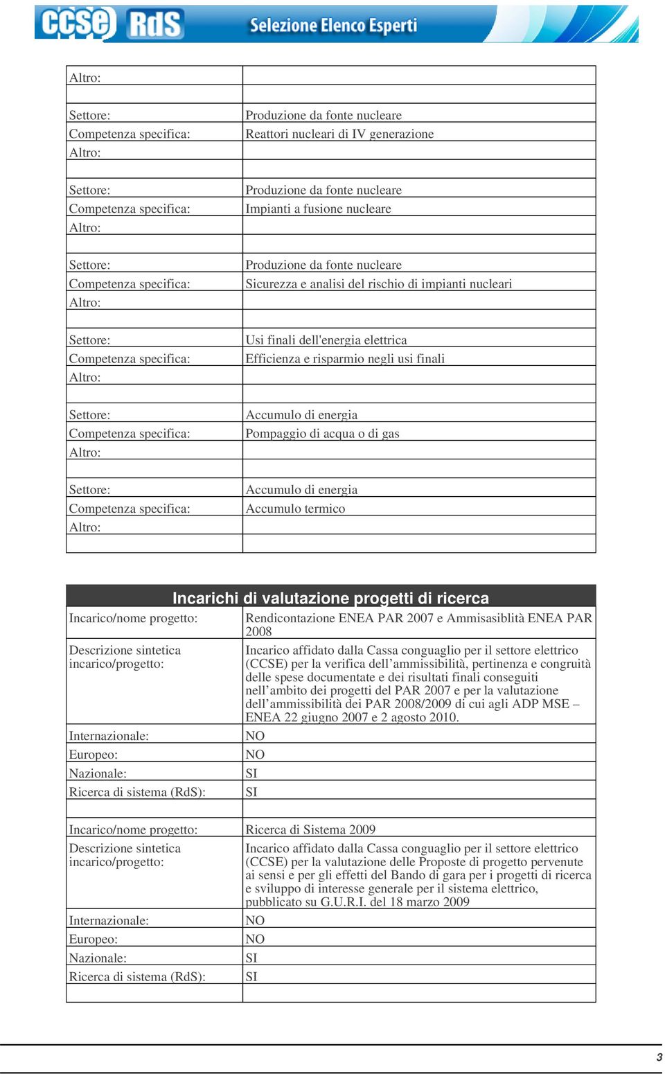 progetti di ricerca Incarico/nome progetto: Rendicontazione ENEA PAR 2007 e Ammisasiblità ENEA PAR 2008 Incarico/nome progetto: Ricerca di Sistema 2009 (CCSE) per la verifica dell ammissibilità,