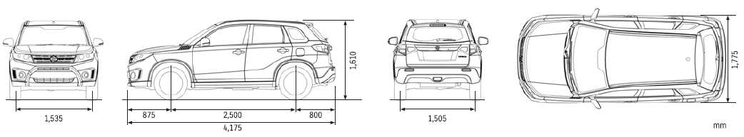 DIMENSIONI CELERIO Lunghezza (mm) Larghezza (mm) 4175 (4305 max) 1775 (1790 max) Altezza (mm) 1610 Interasse (mm) 2500 Carreggiata anteriore (mm) 1535 Carreggiata posteriore (mm) 1505