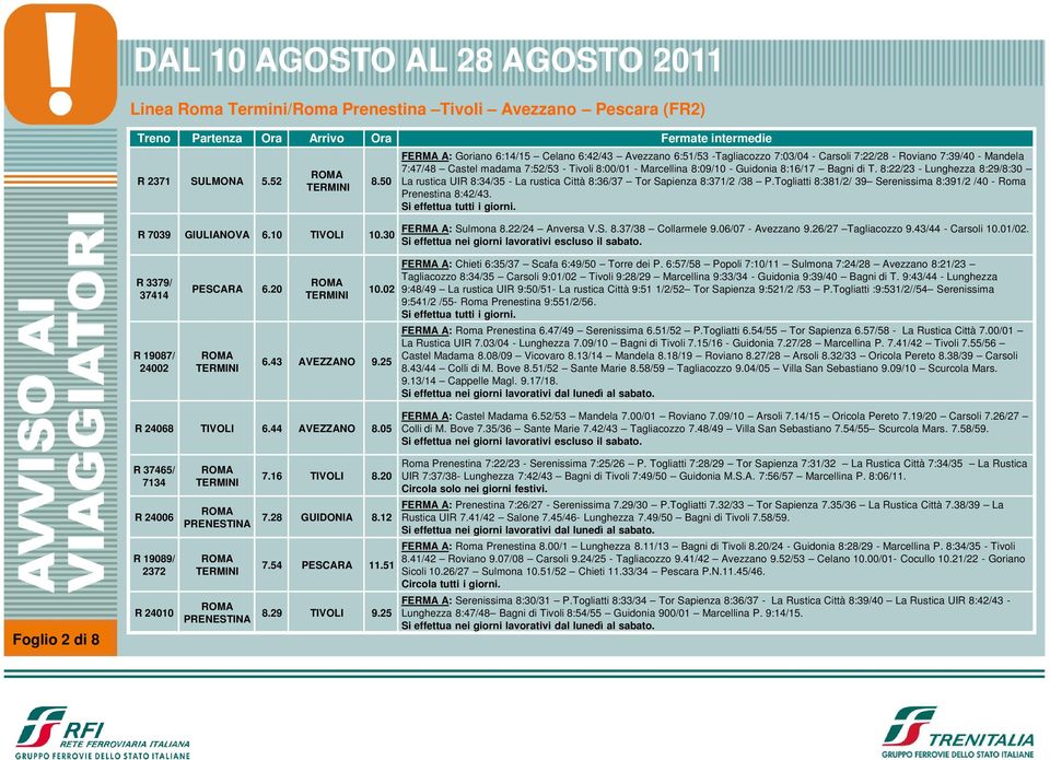 Guidonia 8:16/17 Bagni di T. 8:22/23 - Lunghezza 8:29/8:30 La rustica UIR 8:34/35 - La rustica Città 8:36/37 Tor Sapienza 8:371/2 /38 P.