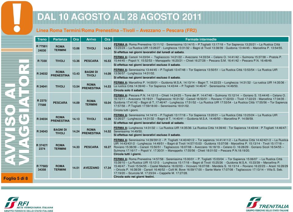 Togliatti 13:17/18 Tor Sapienza 13:20/21 La Rustica Città 13:23/24 La Rustica UIR 13:26/27 - Lunghezza 13:31/32 Bagni di Tivoli 13:38/39 - Guidonia 13:44/45 Marcellina P. 13:54/55.