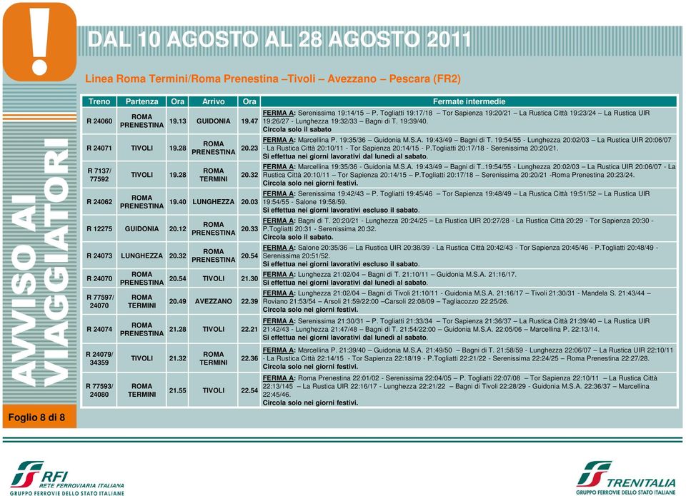 19:54/55 - Lunghezza 20:02/03 La Rustica UIR 20:06/07 20.23 - La Rustica Città 20:10/11 - Tor Sapienza 20:14/15 - P.Togliatti 20:17/18 - Serenissima 20:20/21. 20.32 FERMA A: Marcellina 19:35/36 - Guidonia M.