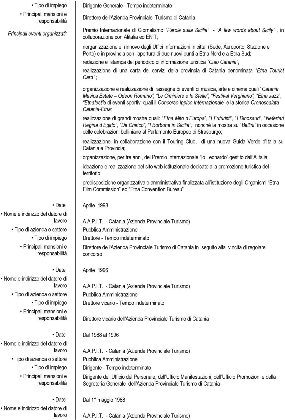 punti a Etna Nord e a Etna Sud; redazione e stampa del periodico di informazione turistica Ciao Catania, realizzazione di una carta dei servizi della provincia di Catania denominata Etna Tourist Card