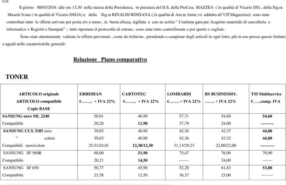 Magazzino) sono state controllate tutte le offerte arrivate per posta e/o a mano, in busta chiusa, sigillata e con su scritto Contiene gara per Acquisto materiale di cancelleria e informatico +