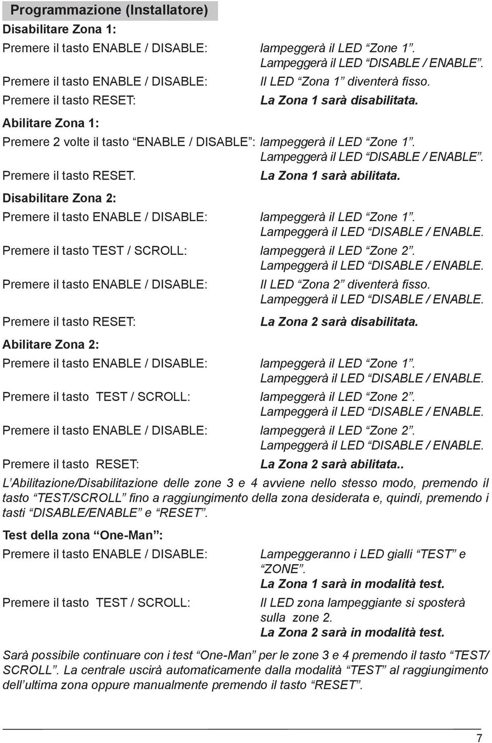 Premere 2 volte il tasto ENABLE / DISABLE : lampeggerà il LED Zone 1. Lampeggerà il LED DISABLE / ENABLE. Premere il tasto RESET. Disabilitare Zona 2: La Zona 1 sarà abilitata.