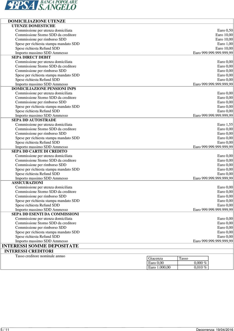 SEPA DD AUTOSTRADE Commissione per utenza domiciliata Euro 1,55 SEPA DD CARTE DI CREDITO Commissione per utenza domiciliata Euro 0,00 ASSICURAZIONI Commissione per utenza domiciliata Euro 0,00 SEPA