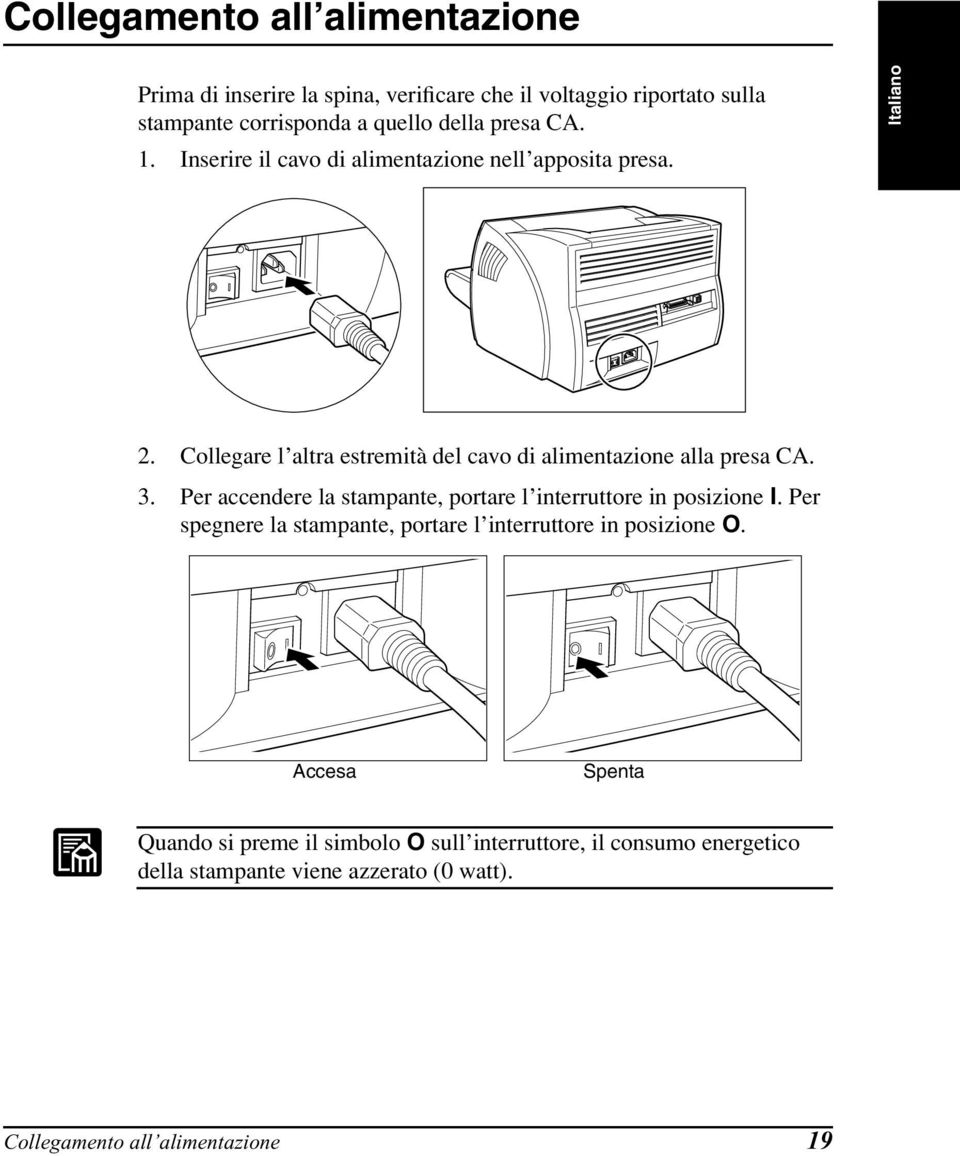 Per accendere la stampante, portare l interruttore in posizione I. Per spegnere la stampante, portare l interruttore in posizione O.