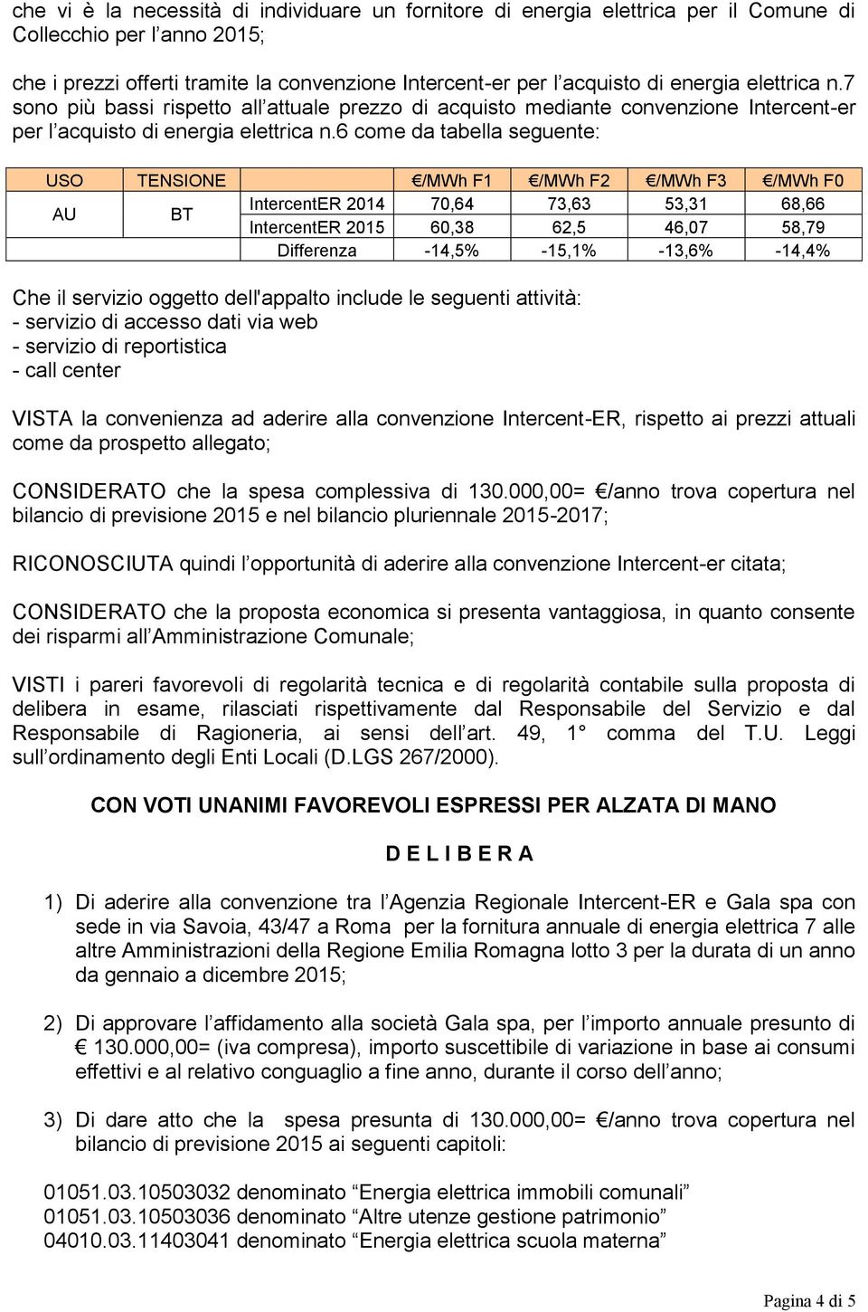 6 come da tabella seguente: USO TENSIONE /MWh F1 /MWh F2 /MWh F3 /MWh F0 IntercentER 2014 70,64 73,63 53,31 68,66 AU BT IntercentER 2015 60,38 62,5 46,07 58,79 Differenza -14,5% -15,1% -13,6% -14,4%